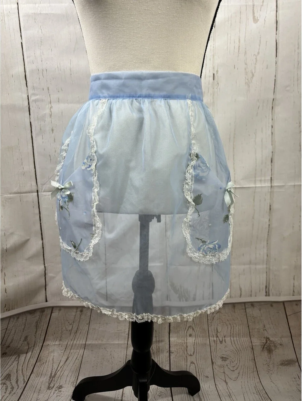 VTG 50s Hostess Half Apron Blue Organza White Trim Blue Roses Applications